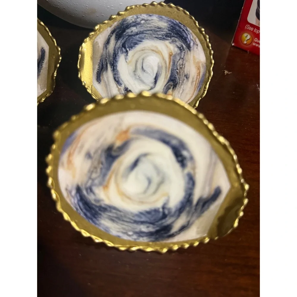 Set of 4 Coastal Oyster Shell Napkin Rings Marbled Blue Gold Nautical Decor